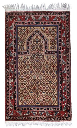 Tappeto Yamut da preghiera vintage in lana, 168x104 cm, con mihrab