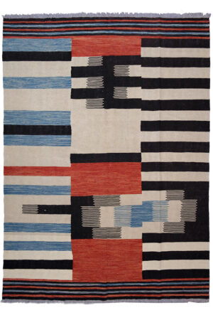 Kilim Jajim design 253x182 cm a trama fitta con disegno moderno a righe e scomparti grafici in pura lana