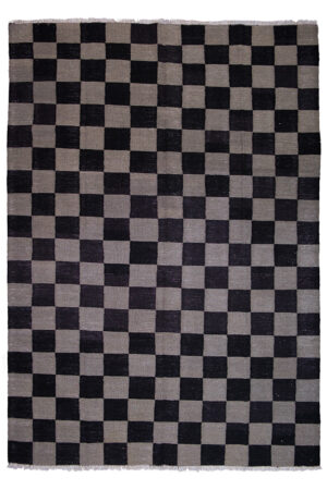 Kilim Jajim scacchiera 271x191 cm a trama fitta con motivo optical a quadri neri e grigio tortora in pura lana