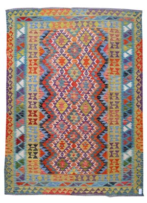 Kilim decorativo gold lana 240x176 cm tessuto a mano geometrico a rombi policromi oro e azzurro