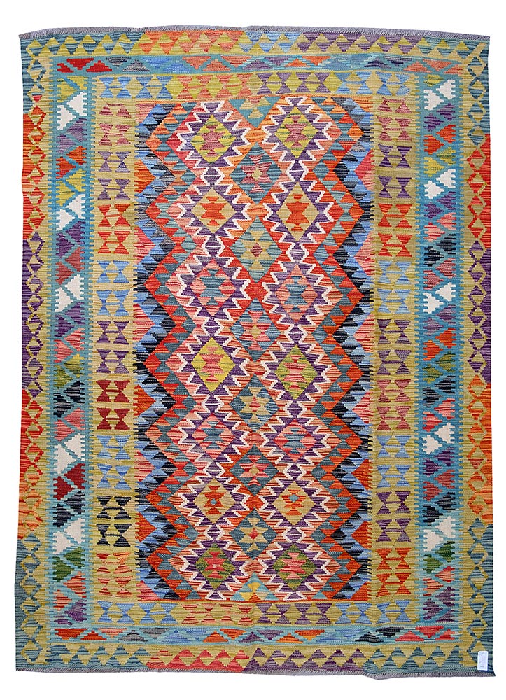 Kilim decorativo gold lana 240x176 cm tessuto a mano geometrico a rombi policromi oro e azzurro