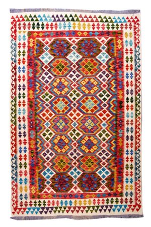 Kilim classico decorativo gold 257x154 cm in lana tessuto a mano a esagoni policromi e bordura chiara a clessidre