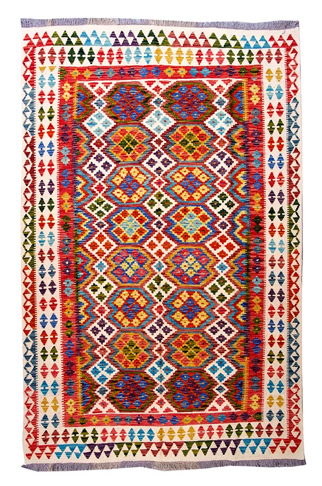 Kilim classico decorativo gold 257x154 cm in lana tessuto a mano a esagoni policromi e bordura chiara a clessidre