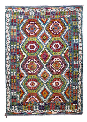 Kilim decorativo blu lana 240x179 cm tessuto a mano con grandi esagoni policromi su fondo azzurro